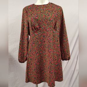 Preowned Primark Multicolor Floral Rose Black Dress Size USA 12